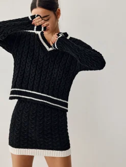 New Contrast Trim Cable Knit Sweater With Matching Skirt Sweater Tops|Long Sleeve Sets