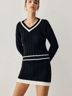New Contrast Trim Cable Knit Sweater With Matching Skirt Sweater Tops|Long Sleeve Sets