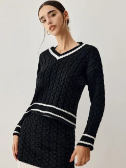 New Contrast Trim Cable Knit Sweater With Matching Skirt Sweater Tops|Long Sleeve Sets