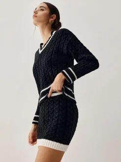 New Contrast Trim Cable Knit Sweater With Matching Skirt Sweater Tops|Long Sleeve Sets