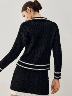 New Contrast Trim Cable Knit Sweater With Matching Skirt Sweater Tops|Long Sleeve Sets