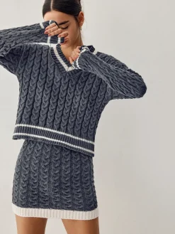 New Contrast Trim Cable Knit Sweater With Matching Skirt Sweater Tops|Long Sleeve Sets