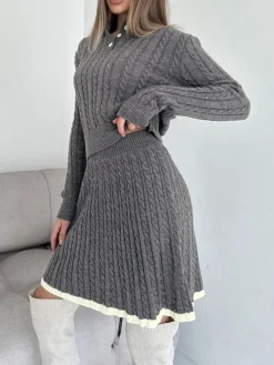 Contrast Trim Cable-Knit Lapel Skirt Set Skirt Sets|Long Sleeve Sets