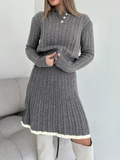 Contrast Trim Cable-Knit Lapel Skirt Set Skirt Sets|Long Sleeve Sets