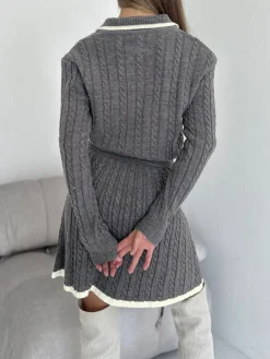 Contrast Trim Cable-Knit Lapel Skirt Set Skirt Sets|Long Sleeve Sets