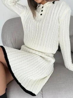 Contrast Trim Cable-Knit Lapel Skirt Set Skirt Sets|Long Sleeve Sets