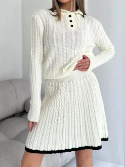 Contrast Trim Cable-Knit Lapel Skirt Set Skirt Sets|Long Sleeve Sets
