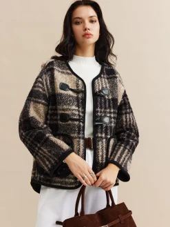 Outlet Contrast Trim Checked Tweed Coat Outerwear|Coats