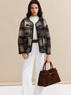 Outlet Contrast Trim Checked Tweed Coat Outerwear|Coats