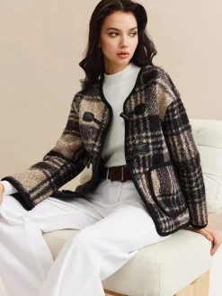 Outlet Contrast Trim Checked Tweed Coat Outerwear|Coats