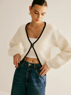 Contrast Trim Clasp Knit Outwear Sweater Tops|Outerwear