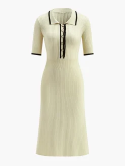 Clearance Contrast Trim Collared Rib Knit Short Sleeve Midi Dress Sweater Dresses|Work Dresses