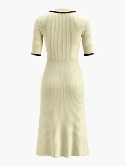 Clearance Contrast Trim Collared Rib Knit Short Sleeve Midi Dress Sweater Dresses|Work Dresses
