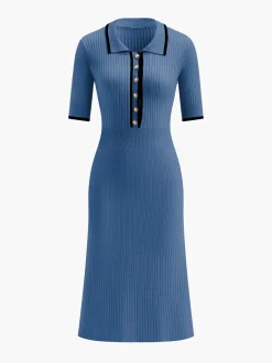 Clearance Contrast Trim Collared Rib Knit Short Sleeve Midi Dress Sweater Dresses|Work Dresses
