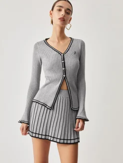 Best Contrast Trim Curved Cardigan With Matching Pleat Mini Skirt Cardigans|Sweater Tops