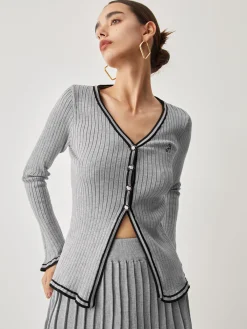 Best Contrast Trim Curved Cardigan With Matching Pleat Mini Skirt Cardigans|Sweater Tops