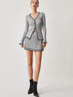 Best Contrast Trim Curved Cardigan With Matching Pleat Mini Skirt Cardigans|Sweater Tops