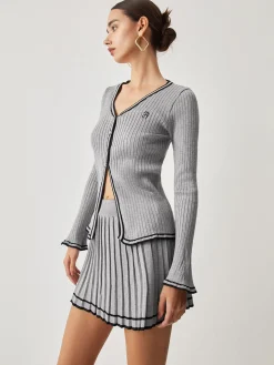 Best Contrast Trim Curved Cardigan With Matching Pleat Mini Skirt Cardigans|Sweater Tops
