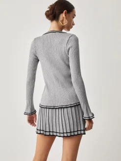 Best Contrast Trim Curved Cardigan With Matching Pleat Mini Skirt Cardigans|Sweater Tops