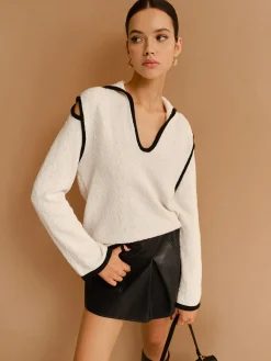 Discount Contrast Trim Cutout Lapel Sweater Sweater Tops|Sweaters & Cardigans