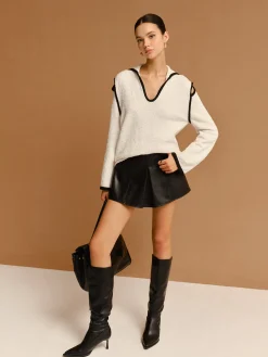Discount Contrast Trim Cutout Lapel Sweater Sweater Tops|Sweaters & Cardigans