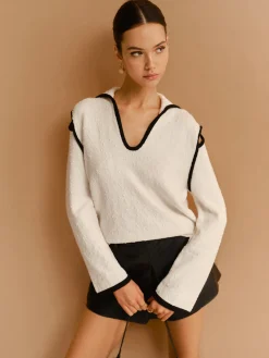 Discount Contrast Trim Cutout Lapel Sweater Sweater Tops|Sweaters & Cardigans