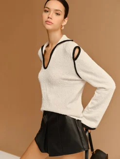 Discount Contrast Trim Cutout Lapel Sweater Sweater Tops|Sweaters & Cardigans