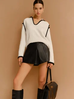 Discount Contrast Trim Cutout Lapel Sweater Sweater Tops|Sweaters & Cardigans