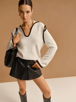 Discount Contrast Trim Cutout Lapel Sweater Sweater Tops|Sweaters & Cardigans