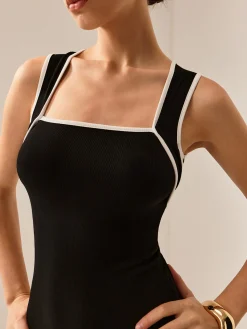 Contrast Trim Cutout Tank Dress Black Dresses|Casual Dresses