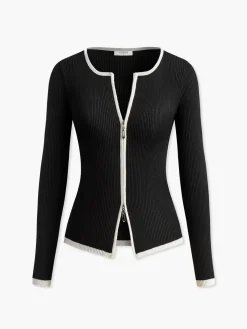 Hot Contrast Trim Double-Zipper Knit Top Sweater Tops|Sweaters & Cardigans