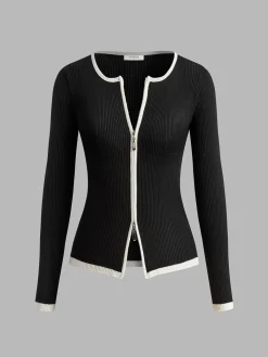 Hot Contrast Trim Double-Zipper Knit Top Sweater Tops|Sweaters & Cardigans