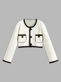 Contrast Trim Flower Decor Cardigan Cardigans|Sweaters & Cardigans