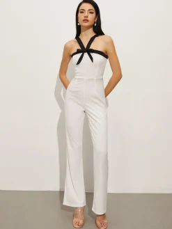 Hot Contrast Trim Halter Bow Jumpsuit White Dresses|Jumpsuits & Rompers