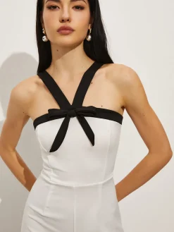 Hot Contrast Trim Halter Bow Jumpsuit White Dresses|Jumpsuits & Rompers