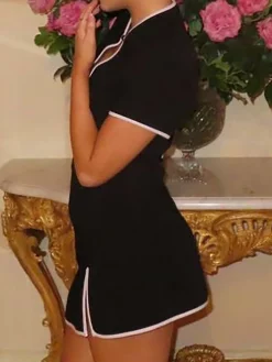 Hot Contrast Trim Keyhole Neckline Dress Black Dresses|Work Dresses