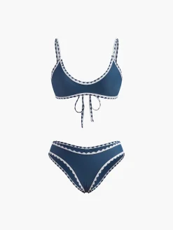 Online Contrast Trim Knotted Bikini Set Swimwear|Tops