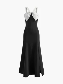 New Contrast Trim Knotted Zipper Dress White Dresses|Cocktail & Party Dresses