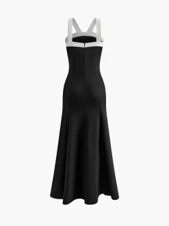 New Contrast Trim Knotted Zipper Dress White Dresses|Cocktail & Party Dresses