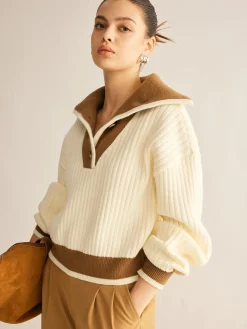 Hot Contrast Trim Lapel Button Sweater Sweater Tops|Sweaters & Cardigans