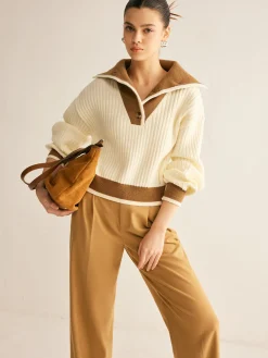 Hot Contrast Trim Lapel Button Sweater Sweater Tops|Sweaters & Cardigans