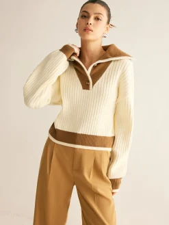 Hot Contrast Trim Lapel Button Sweater Sweater Tops|Sweaters & Cardigans