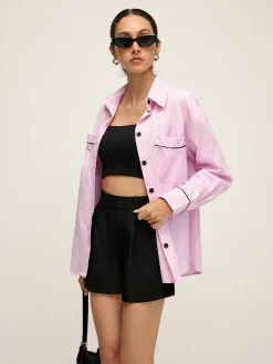 Outlet Contrast Trim Lapel Pinstripe Shirt Blouses & Shirts|Tops