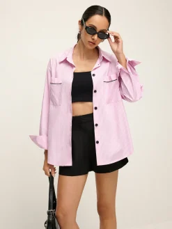 Outlet Contrast Trim Lapel Pinstripe Shirt Blouses & Shirts|Tops