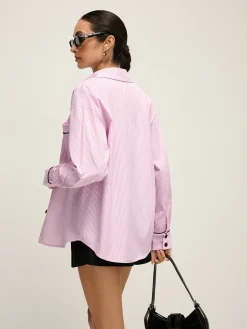 Outlet Contrast Trim Lapel Pinstripe Shirt Blouses & Shirts|Tops
