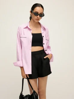 Outlet Contrast Trim Lapel Pinstripe Shirt Blouses & Shirts|Tops