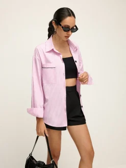 Outlet Contrast Trim Lapel Pinstripe Shirt Blouses & Shirts|Tops