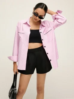Outlet Contrast Trim Lapel Pinstripe Shirt Blouses & Shirts|Tops