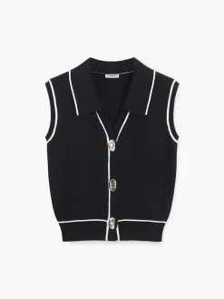 New Contrast Trim Lapel Sweater Vest Sweater Vests|Sweaters & Cardigans