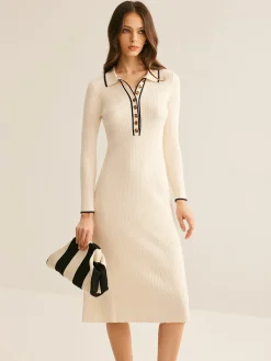 Contrast Trim Lapel Sweater Dress Sweater Dresses|Work Dresses